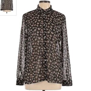 H&M Black Floral Sheer Button Top Shirt Women's Size 10 Flowy Boho Bohemian EUC